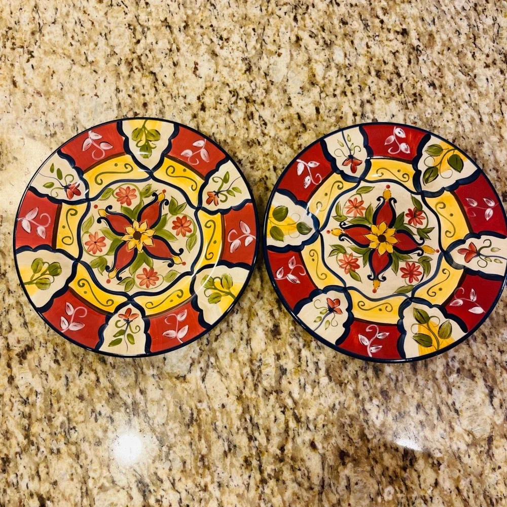 Pier 1 Vallarta Salad Plates Set of 2 Handpainted Earthenware Floral 8.25 inch